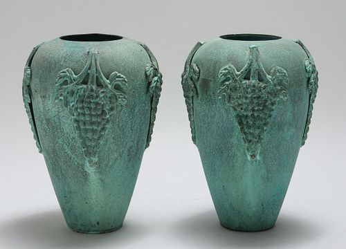 Arts & Crafts Style Metal Grape Motif Vases, Pair