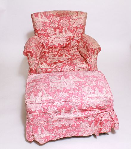 Armchair / Chair & Ottoman w Pink Toile Upholstery