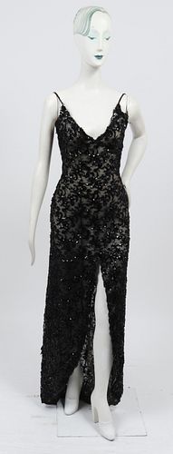 Bill Blass Attrib Sequined V-Neck Evening Gown