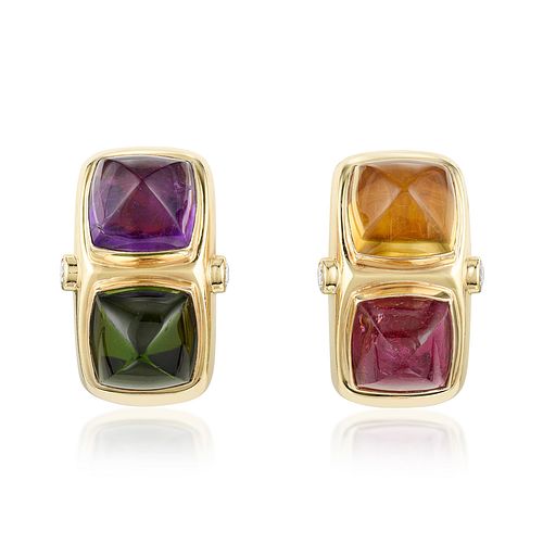 Multi-Colored Gemstone and Diamond Earclips