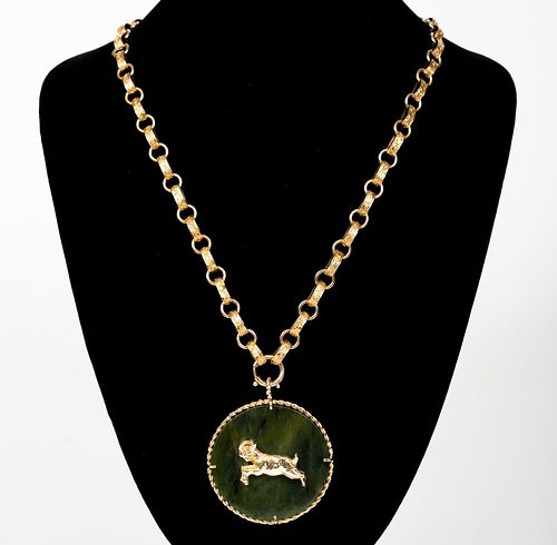 YELLOW GOLD & SPINACH JADE ZODIAC "ARIES" NECKLACE