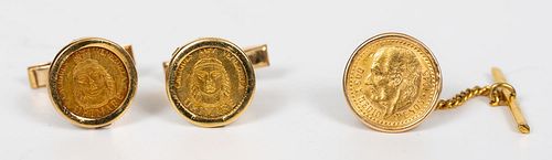 3 PC, 18K YELLOW GOLD & GOLD COIN ACCESSORIES