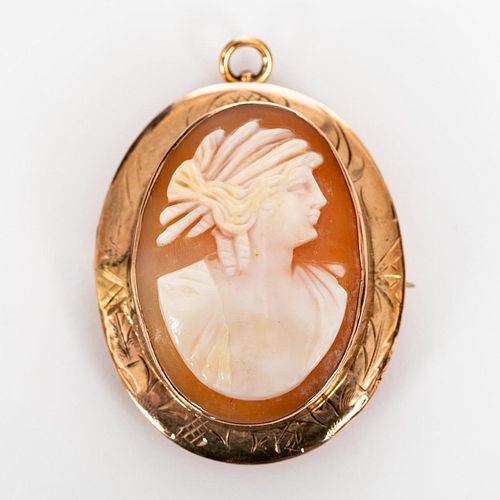 10K ROSE GOLD & FIGURAL SHELL CARVED CAMEO BROOCH