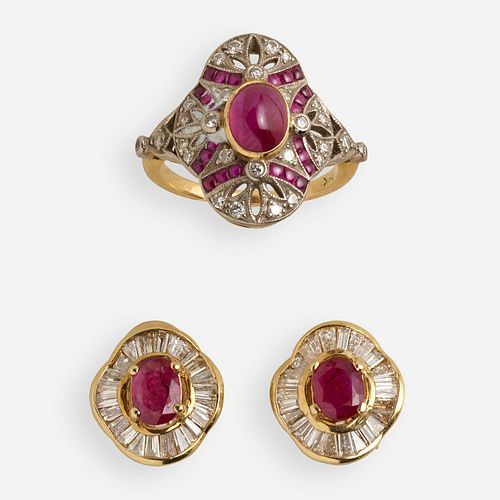 Ruby and diamond ring with pair of earrings