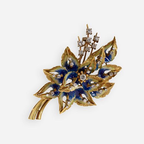 Blue enamel, diamond, and gold foliate brooch