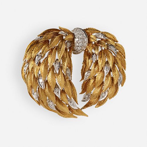 Diamond and gold feather brooch, Italy