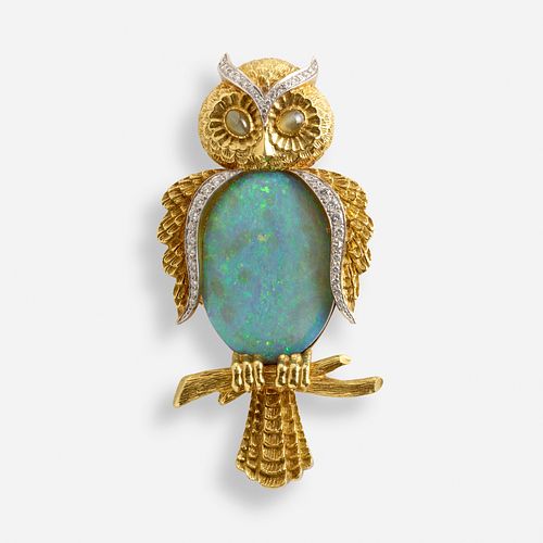 Opal owl brooch