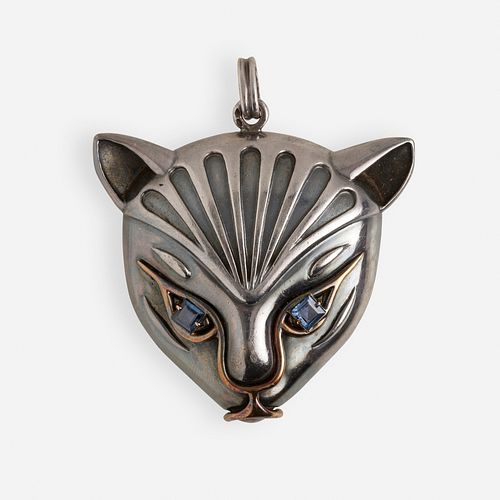 Attributed to Rene Boivin, Silver, gold, and sapphire cat pendant