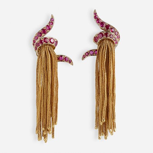 Cartier, Mid-Century gold and ruby fringe earrings
