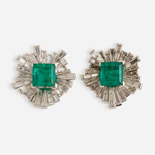 Late Art Deco emerald and diamond earrings