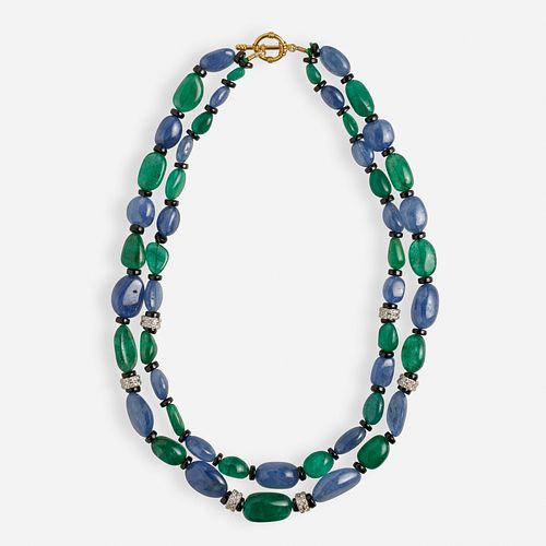 Sapphire, emerald, and diamond bead necklace