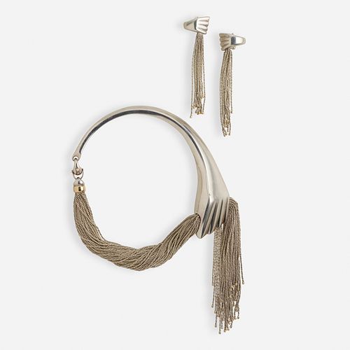 Sterling silver and gold tassel choker necklace with earrings en suite