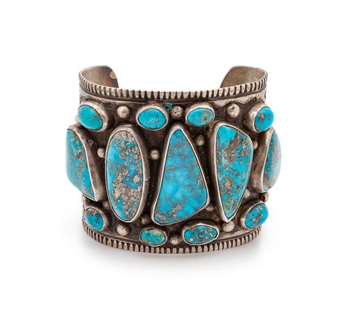 Mark Chee 
(DINE, 1914-1981)
Wide Silver and Morenci Turquoise Cuff Bracelet