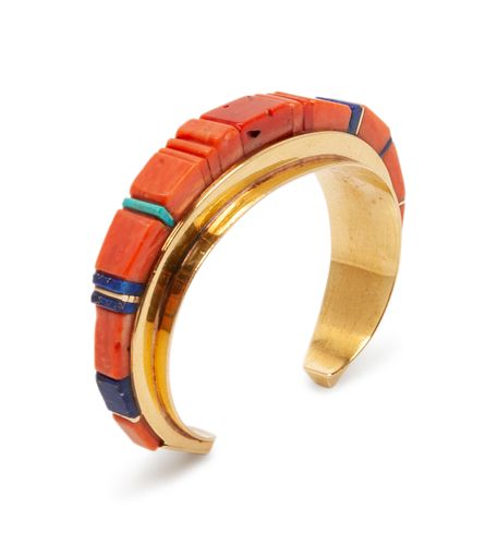 Charles Loloma
(HOPI, 1921-1991)
Gold, Coral, Turquoise, and Lapis Inlay Cuff Bracelet