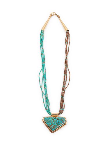 Larry Golsh
(PALA MISSION / CHEROKEE, B. 1942)
Rolled Turquoise and Heishi Multi-Strand Necklace, with 14k Gold and Turquoise Pendant