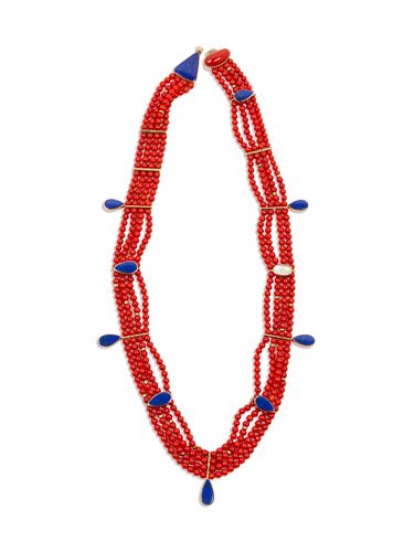 Gail Bird and Yazzie Johnson
(DINE, B. 1949 and B. 1946)
Multi-Strand Coral, Lapis, and 14k Gold Necklace