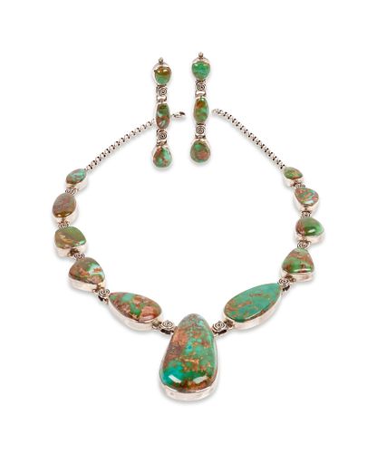 Curtis Pete
(DINE, 20TH CENTURY)
Sterling Silver and Royston Turquoise Necklace and Earrings Set
