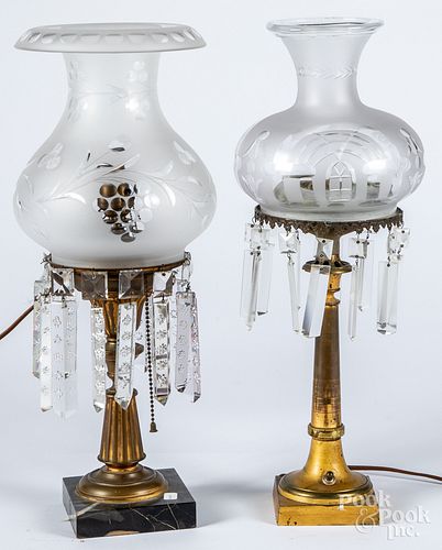 Two Astral table lamps, with etched globes, 19" h