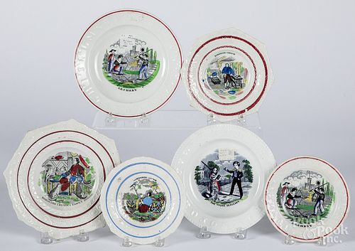 Six Staffordshire ABC plates