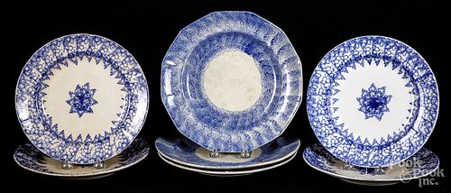 Seven blue spongeware and spatter plates