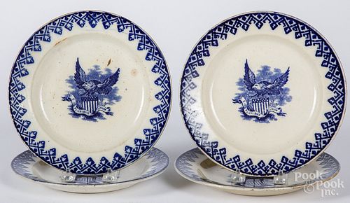 Four blue stick spatter plates with American eagle