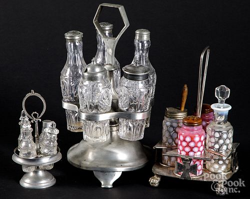 Three cruet sets to include a large pewter examples