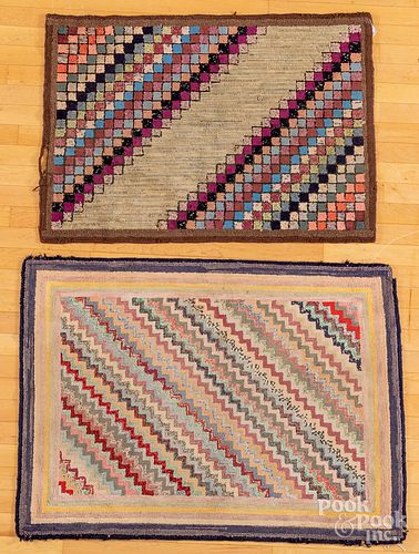 Two geometric hooked rugs