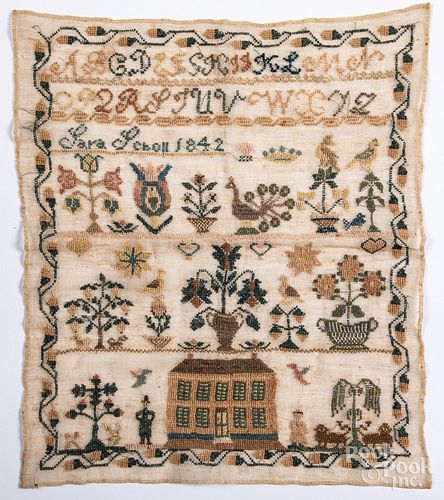 Silk on linen sampler, dated 1842