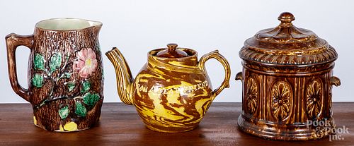 English redware teapot, dated 1904, etc.
