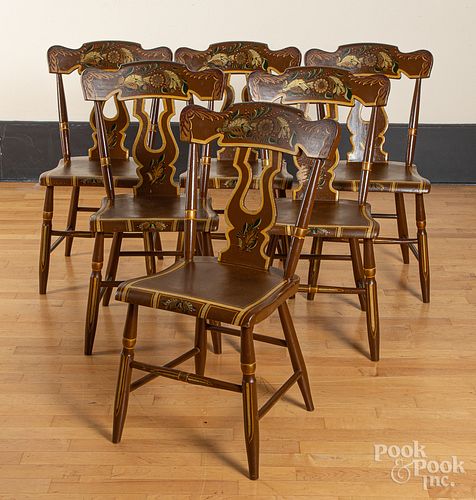Set of six Pennsylvania painted plank seat chairs