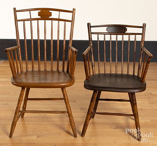 Two ochre painted birdcage Windsor armchairs