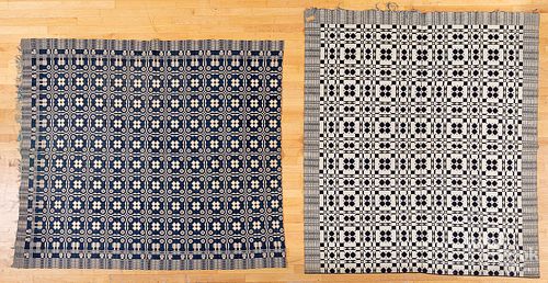 Two blue and white overshot coverlets