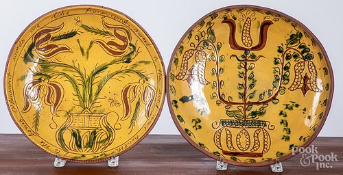 Two Breininger sgraffito redware chargers