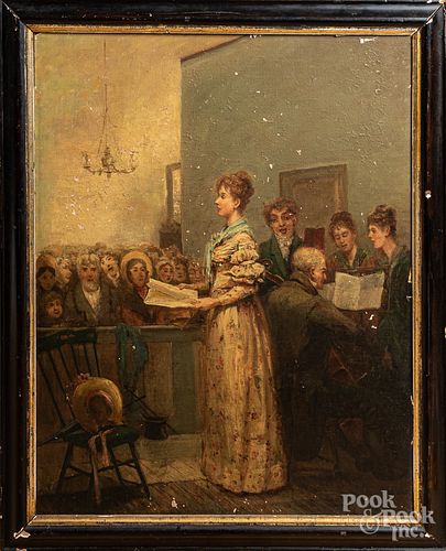 Oil on board interior with a woman singing
