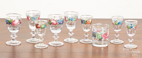 Nine pieces of enamel decorated glass