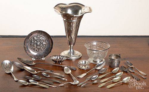 Weighted sterling silver vase, etc.