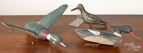 Carved and painted merganser duck decoy, etc.
