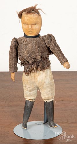 Early carved wood boy doll, 11" h.