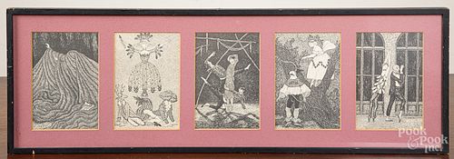 Five framed Dogear Wryde Postcards