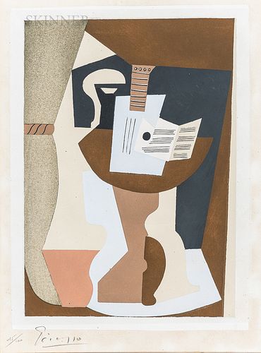 After Pablo Picasso (Spanish, 1881-1973)      Guitare et partition sur guéridon