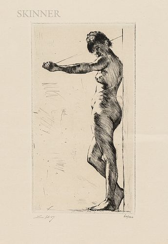 Lesser Ury (German, 1861-1931)      Stehender, an eine Wand gelehnter weiblicher Akt