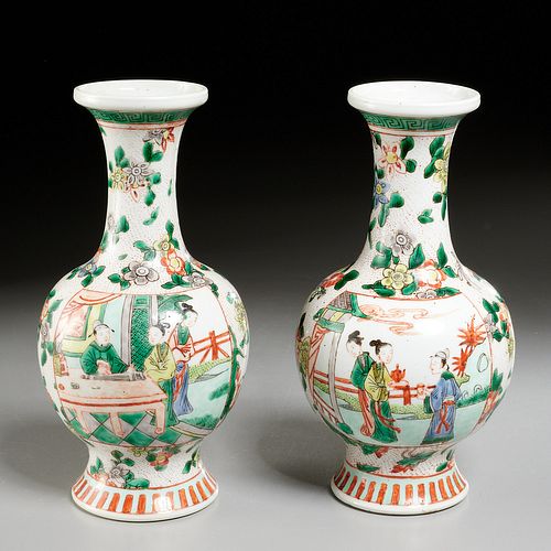 Pair Chinese famille vert bottle vases
