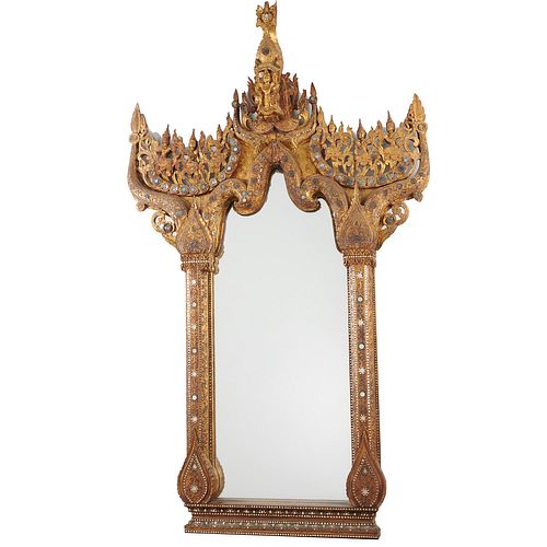 Antique Burmese gilt shrine converted to mirror