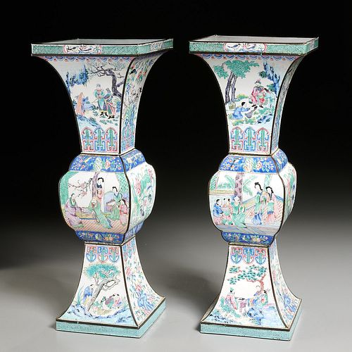 Pair Chinese Canton enamel Gu vases