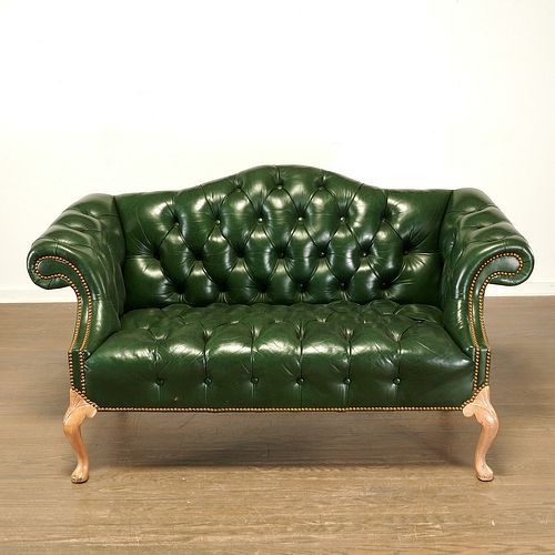 Hancock & Moore, green leather "Camelback" settee