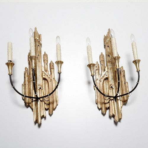 Pair Italian Modern gilt and silvered wood sconces