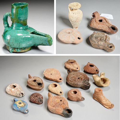 Collection ancient oil lamps & vase, ex-museum