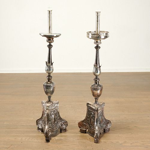 Pair Italian Baroque silvered metal pricket lamps