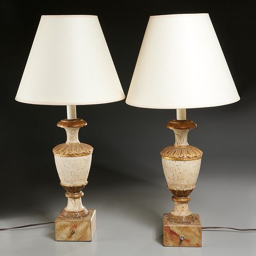 Pair Italian Neoclassical carved wood urn lamps