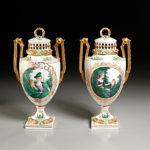 Fine pair Meissen hand painted lidded urns